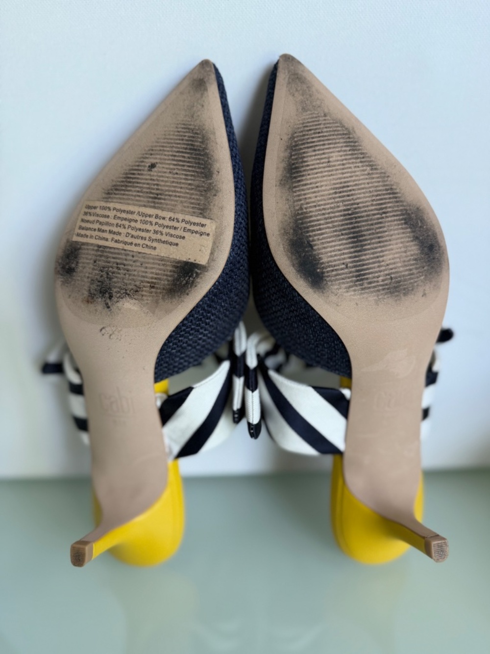 CAbi Style 6022 Bow Kitten Heels Blue Stripe Bow Yellow Heel Size 8 EUC w/Box - Picture 9 of 12